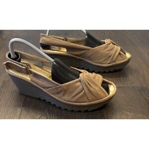 Fly London Yakin Women's Tan Leather Twist Strap Wedge Sandal Size 41
